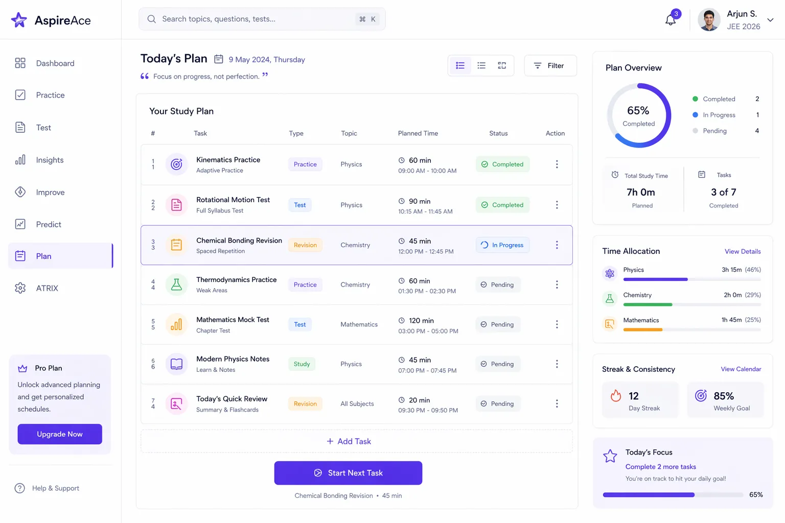 Illustrative AspireACE daily plan interface with study tasks and a plan overview